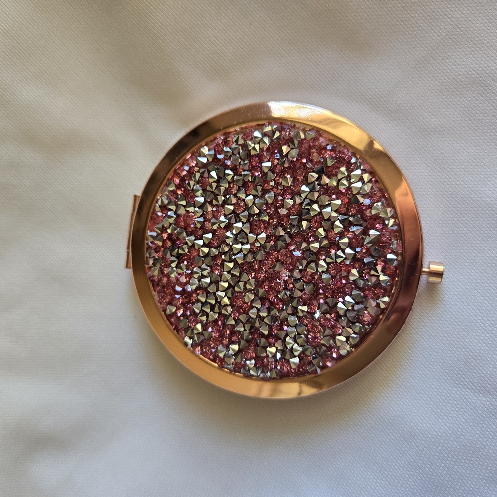 Rose Gold Compact Mirror with Pink and Silver Crystals